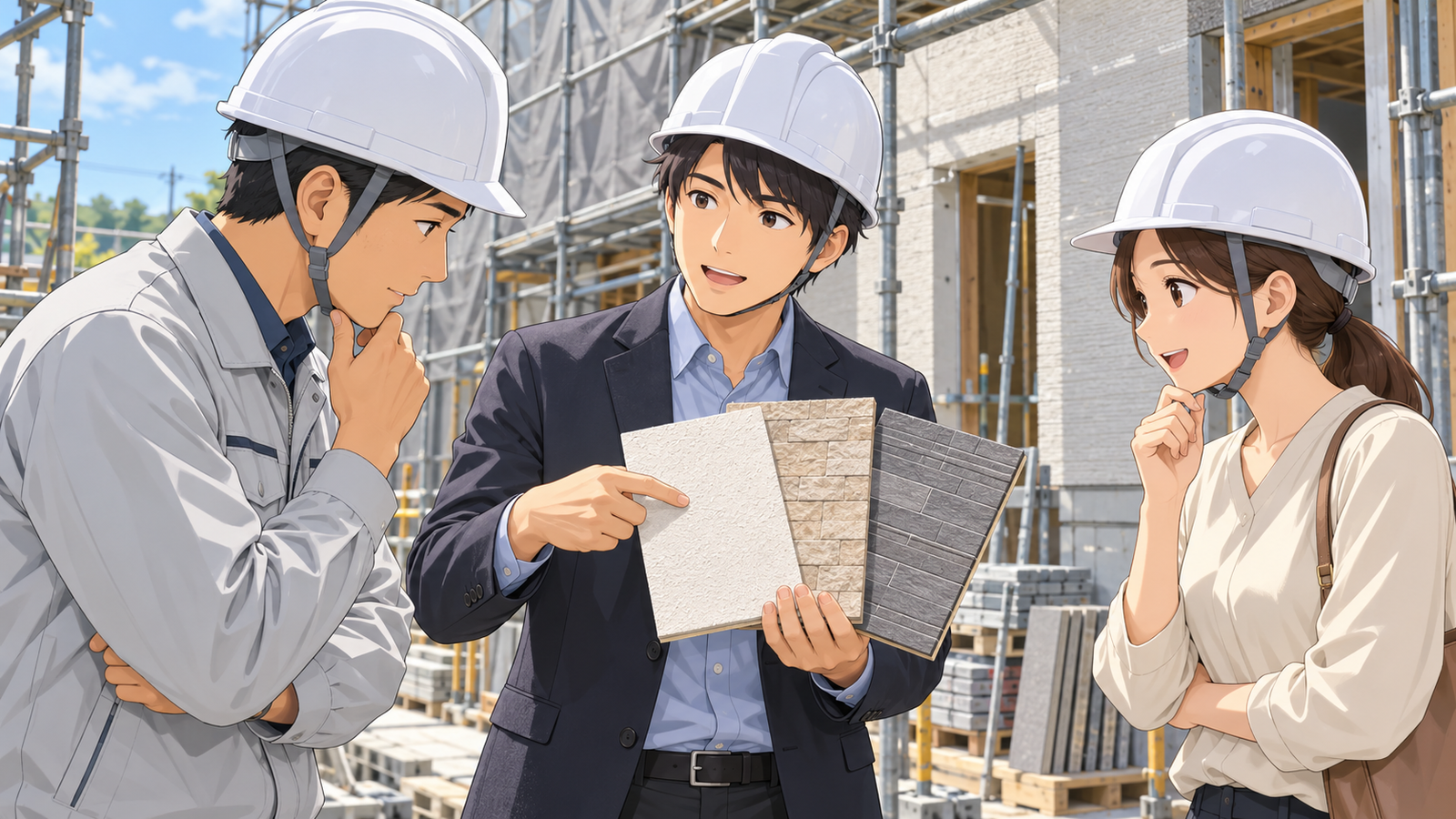 工事現場で、設計者が施工者の担当と施主に、外壁の材料のサンプルを見せながら説明している場面