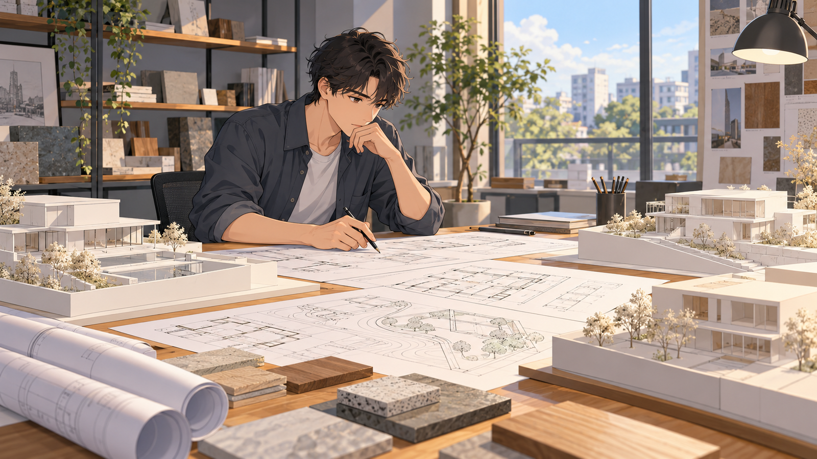 設計事務所の打合せの机に、建物の図面と白い模型が並び、若い設計者が図面を見ている場面