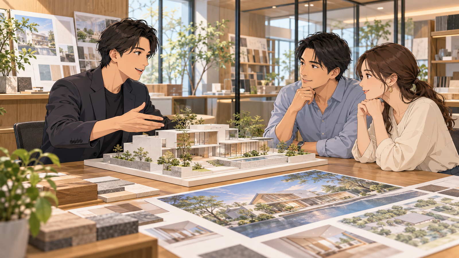 設計事務所の打合せ室で、設計者が施主の夫婦に建物の模型とパースを見せながら説明している場面