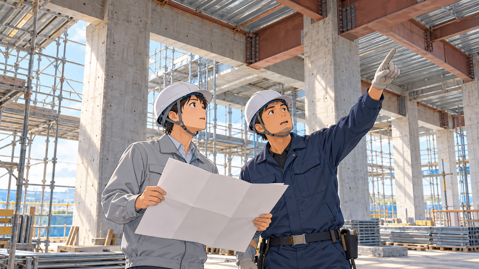 工事現場で、ヘルメットをかぶった設計者が図面を手に持ち、施工者の担当と建物の柱や梁を見上げて確かめている場面