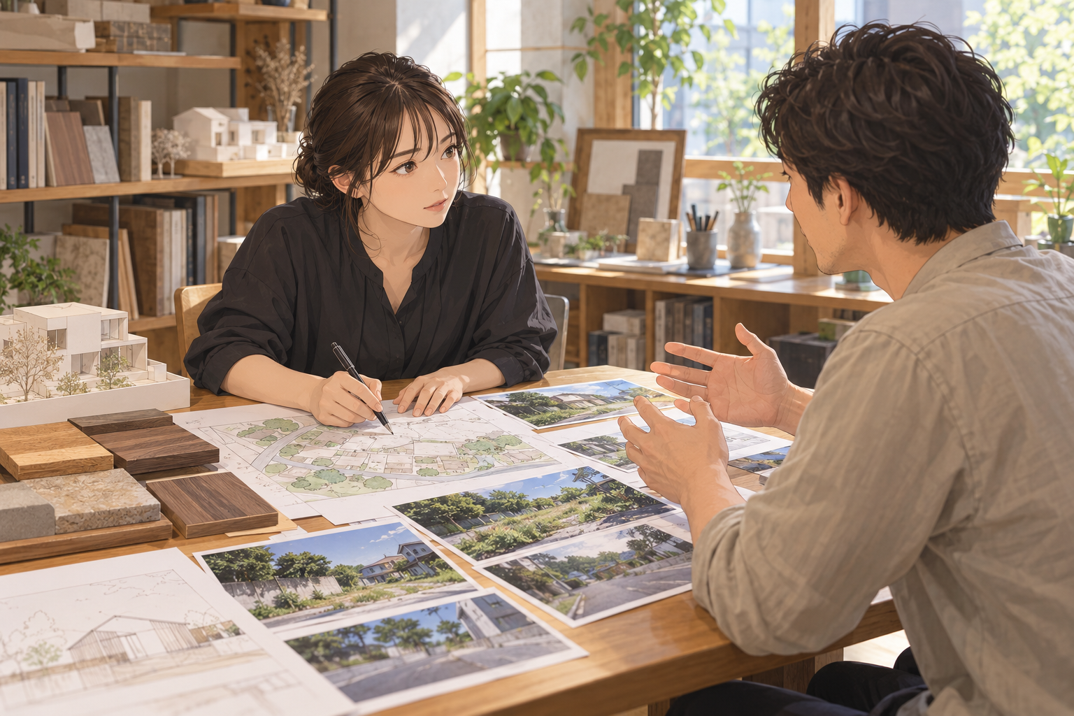 設計事務所の打合せの机で、若い設計者が施主の話を聞きながら、敷地の地図と写真の資料にペンで書き込んでいる場面