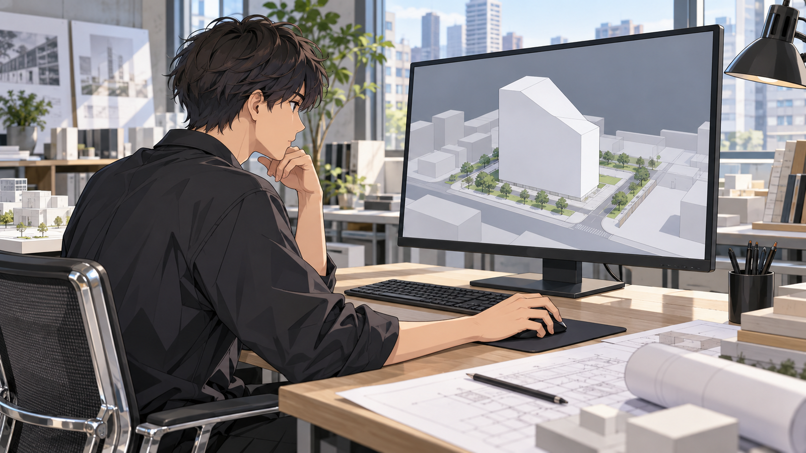 設計事務所の机のモニターに、敷地の上に建てられる大きさを示した白い箱形の建物の3Dのモデルが映り、若い設計者が角度を変えて見ている場面