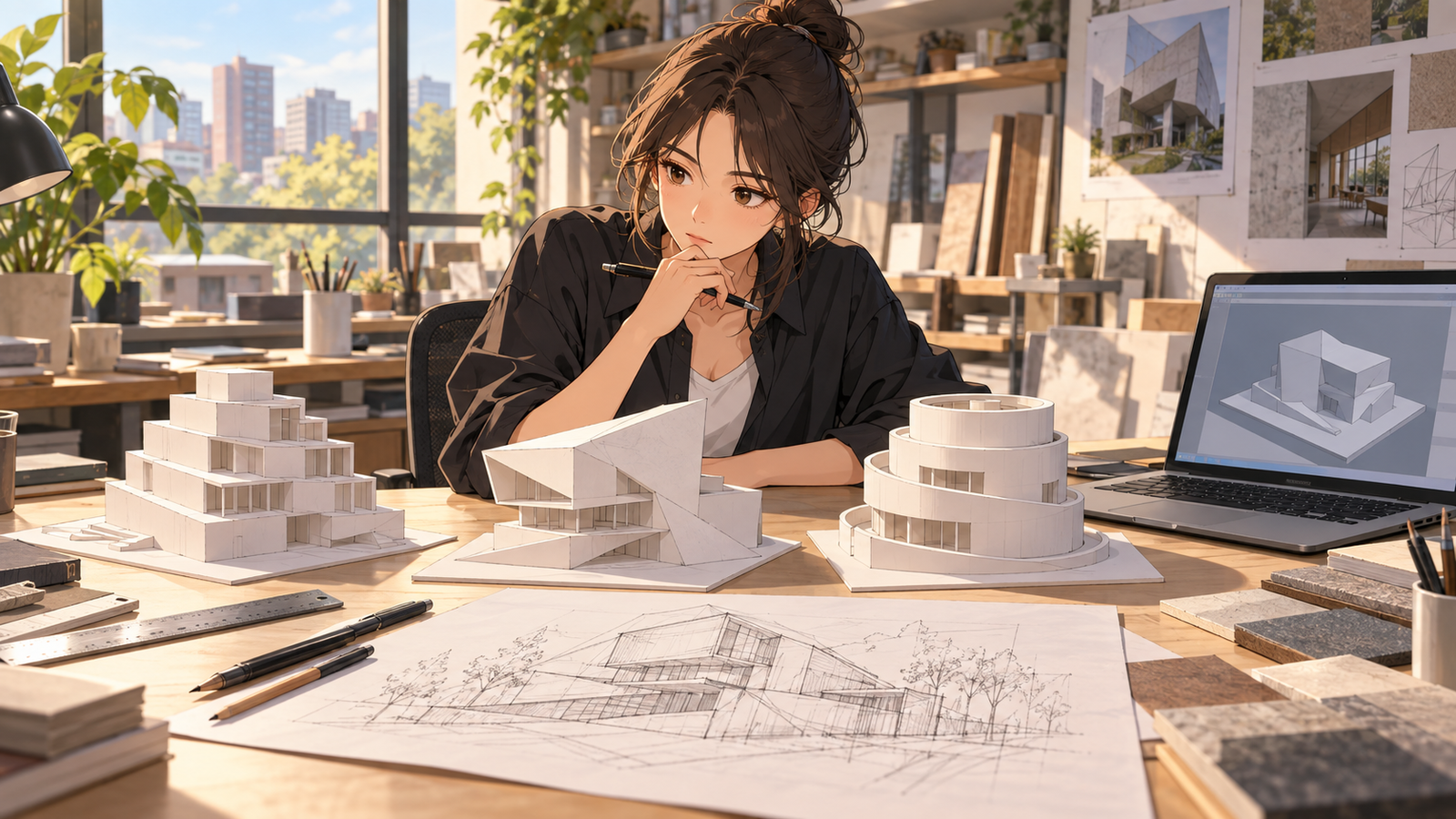 設計事務所の作業台に、形のちがう白いスタディ模型が3つと、手で描いたスケッチ、3Dのモデルを映したノートパソコンが並び、若い設計者が見比べている場面