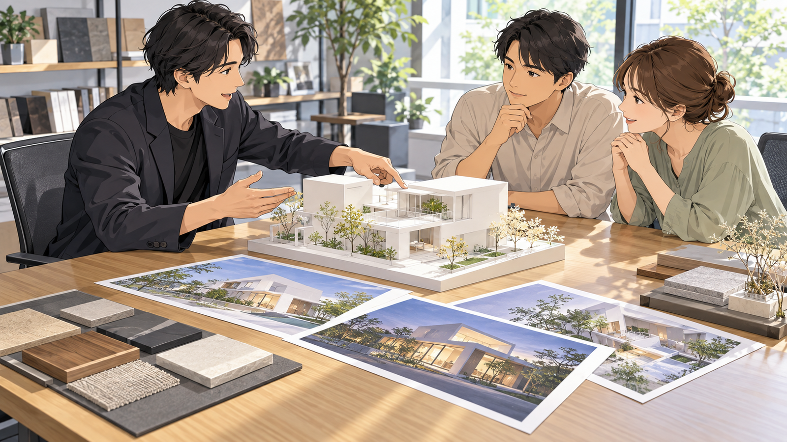 打合せ室で、設計者が施主の夫婦に白いプレゼン模型を見せて説明し、机には建物の外観のパースが置かれている場面