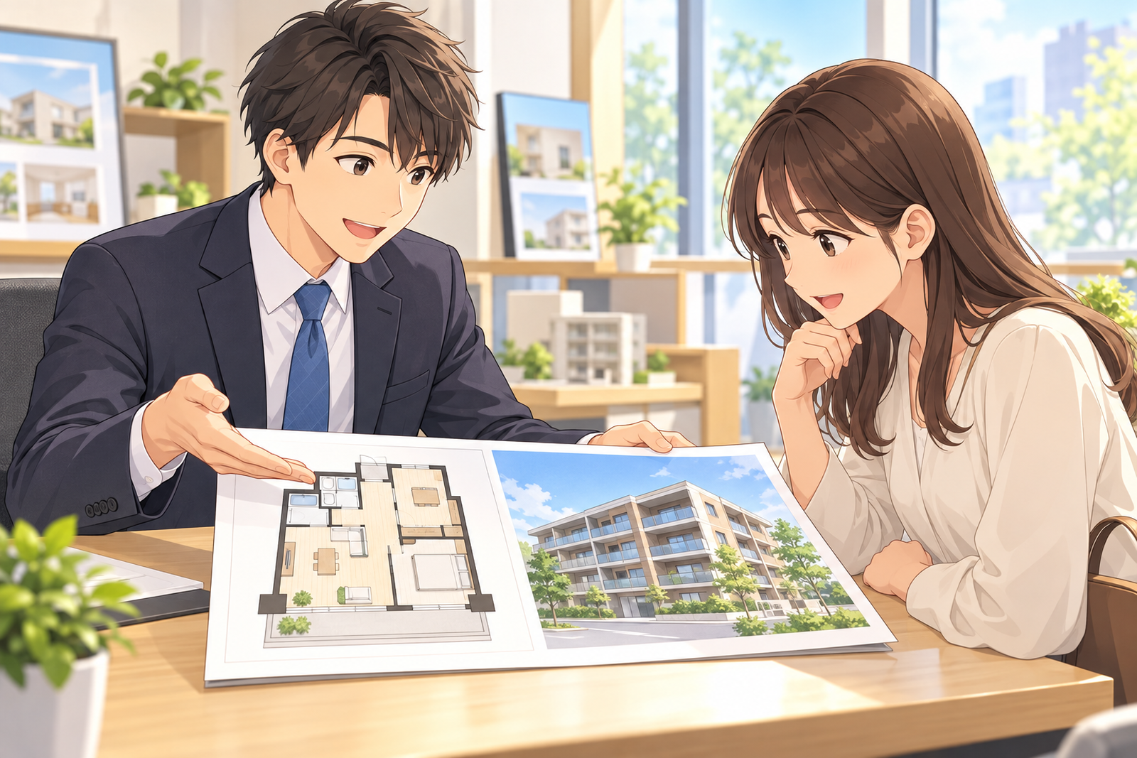 不動産の店のカウンターで、店員がお客に間取り図と完成予想の絵が載ったチラシを見せている場面