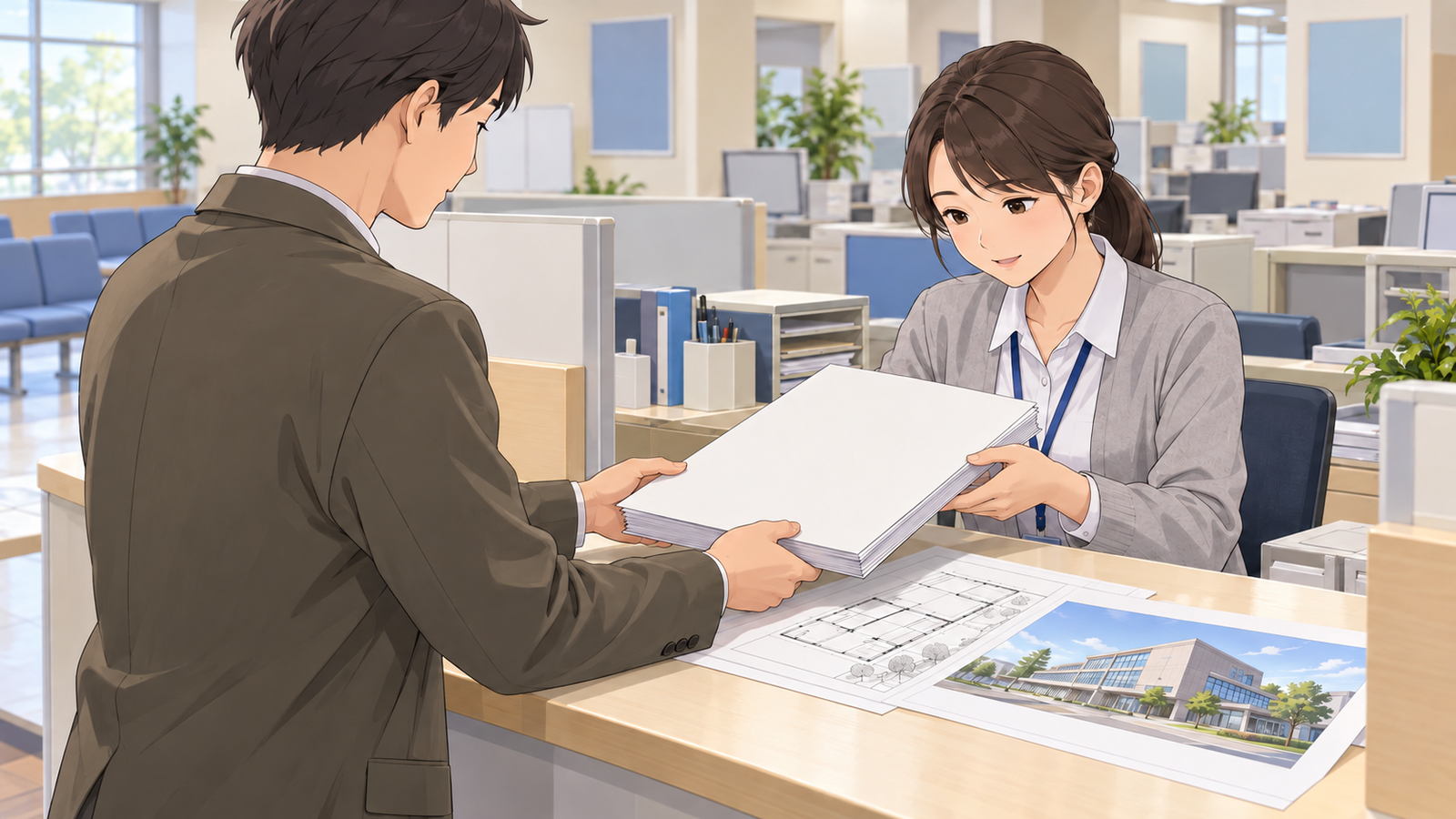 市役所の窓口で、職員が届出の図面と完成予想図の束を受け取り、表紙を確かめている場面