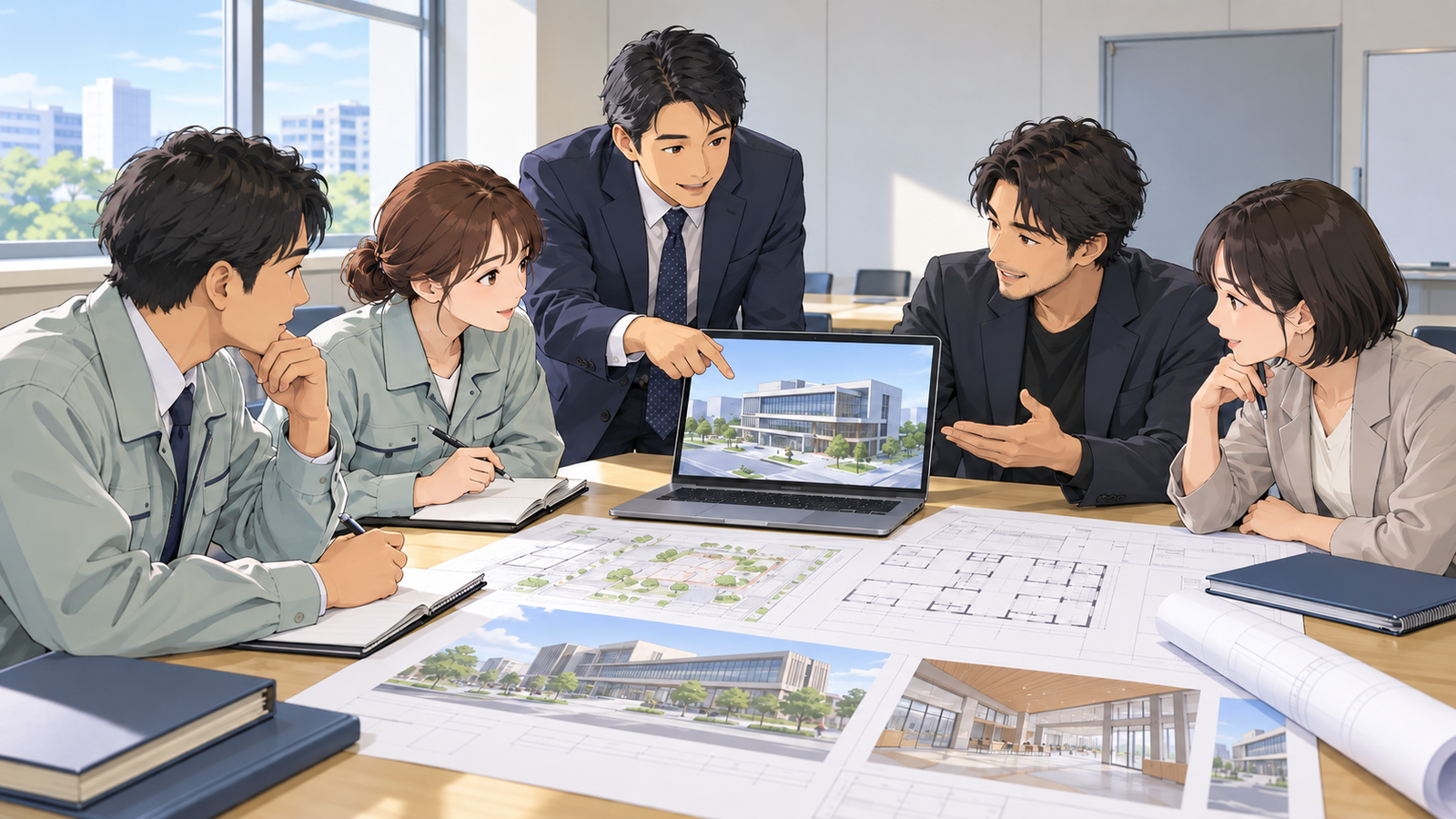 役所の会議室で、職員と設計者が、ノートパソコンの建物の3Dのモデルと図面を見ながら打ち合わせている場面