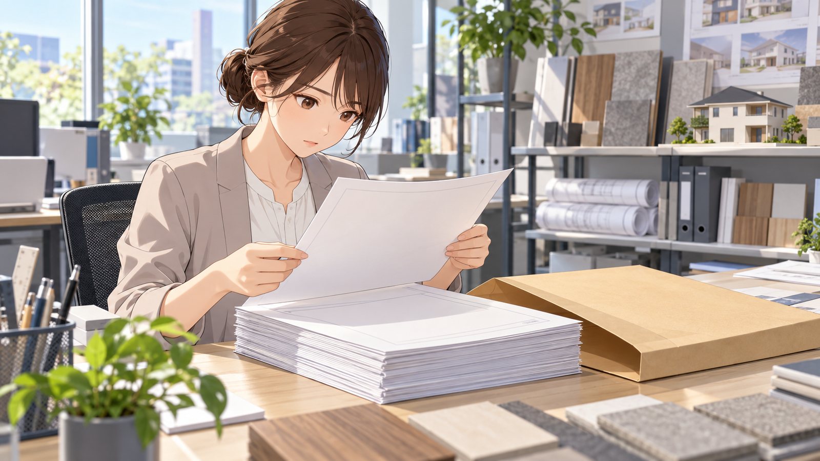 住宅会社の事務所の机で、若い設計の担当が確認申請の書類の束を封筒に入れる前に、表紙を確かめている場面