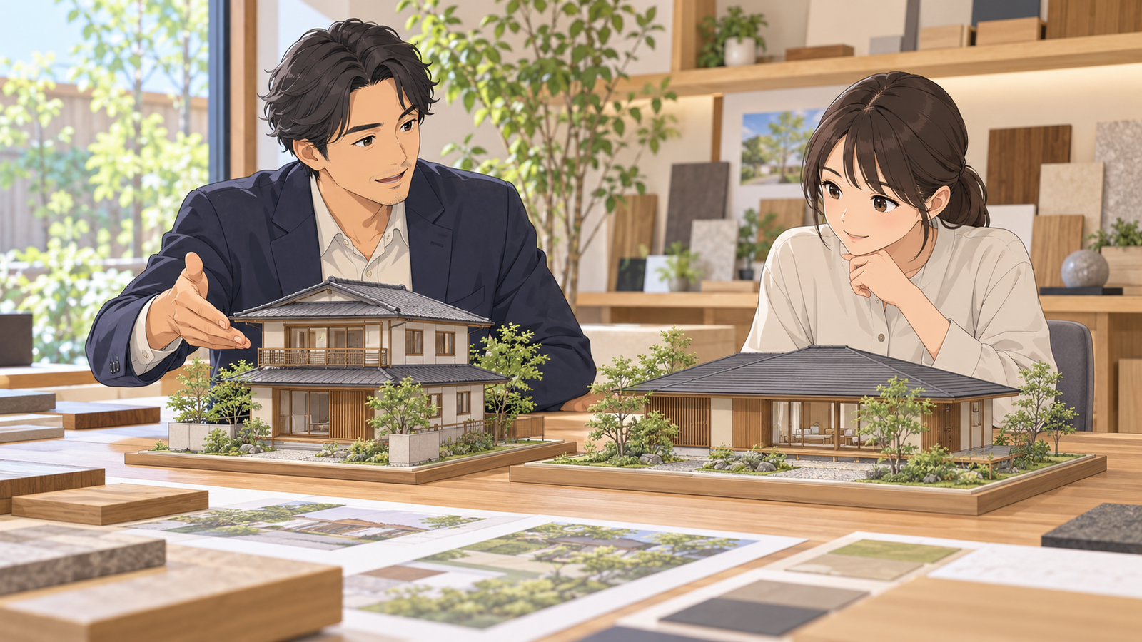 住宅会社の打合せの机で、設計の担当が後輩に、木造2階建てと平家の家の模型を並べて違いを説明している場面