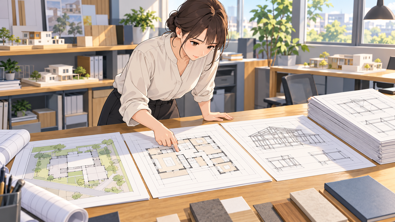 住宅会社の机に、配置図・平面図・構造の図面・計算書の束が並び、若い設計の担当が一つずつ指で確かめている場面