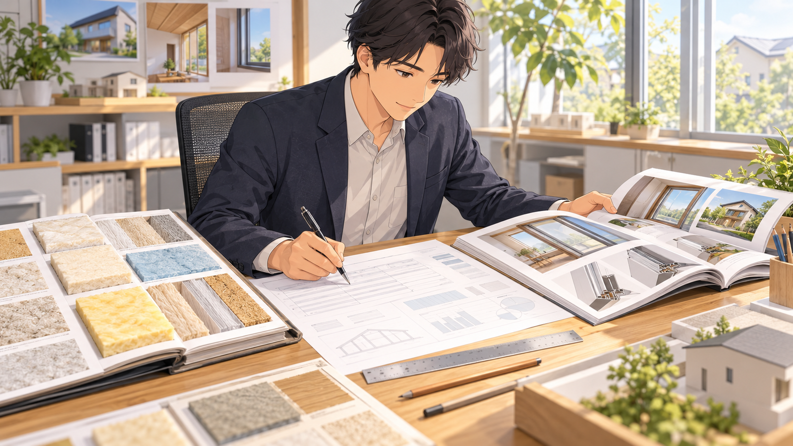 住宅会社の机で、設計の担当が断熱材と窓のカタログを開きながら、省エネの仕様表に書き込んでいる場面