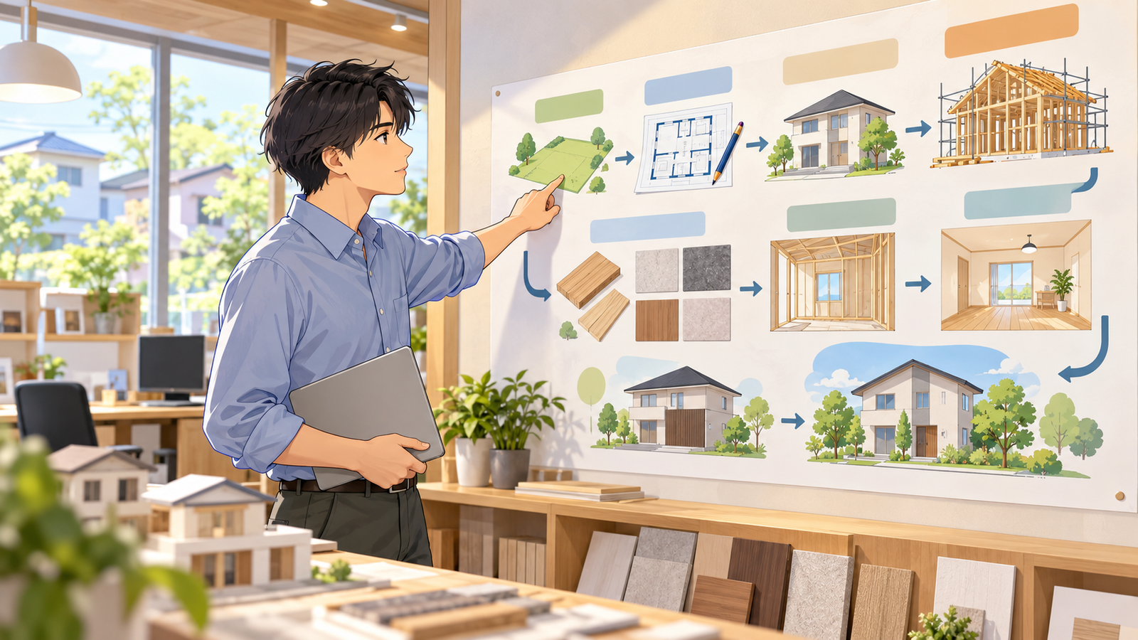 住宅会社の事務所の壁に貼られた家づくりの流れの紙を、若い社員が指でたどって確かめている場面