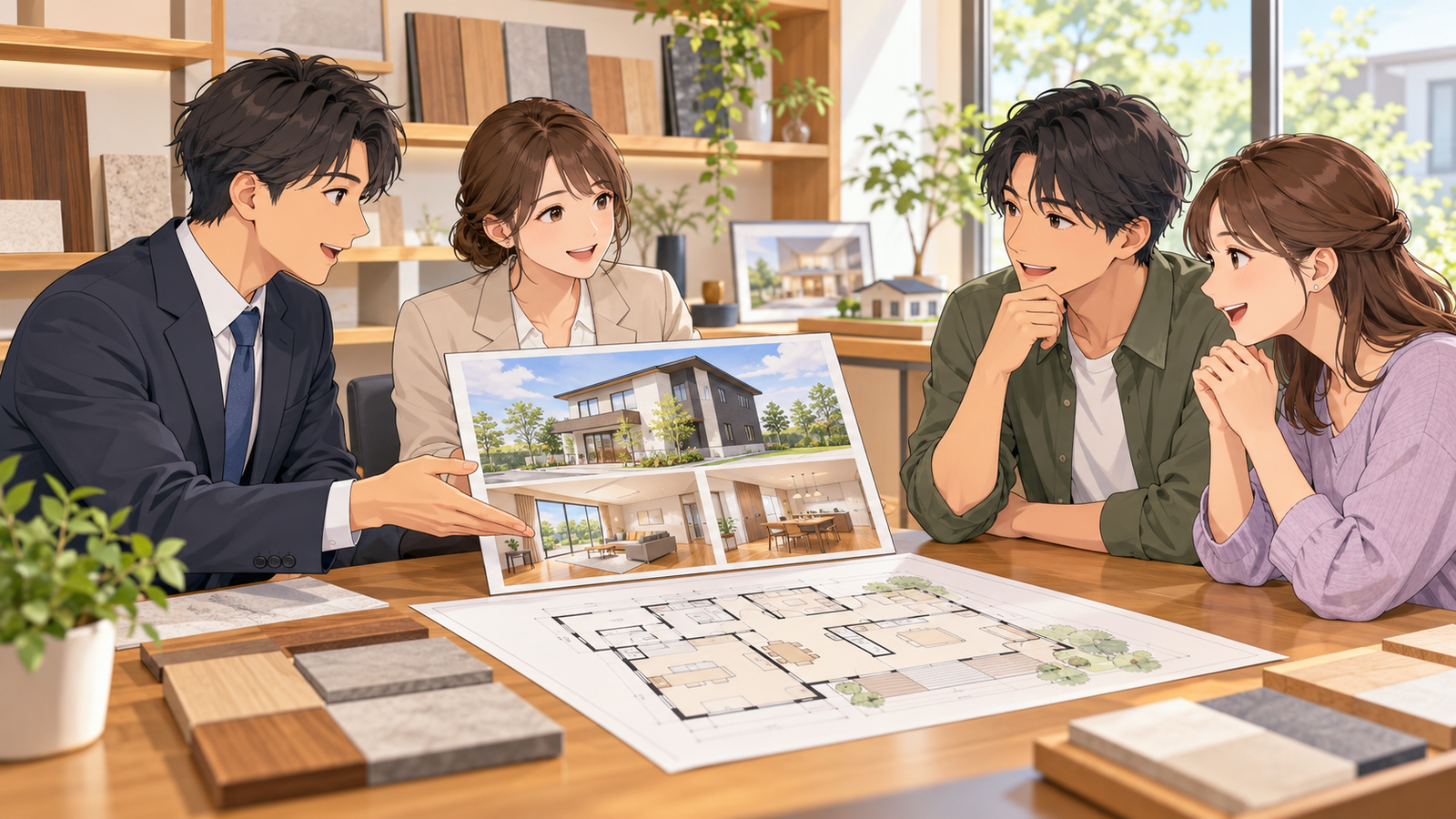 住宅会社の打合せの机で、営業の担当と設計の担当が、施主の夫婦に間取り図とパースを見せている場面
