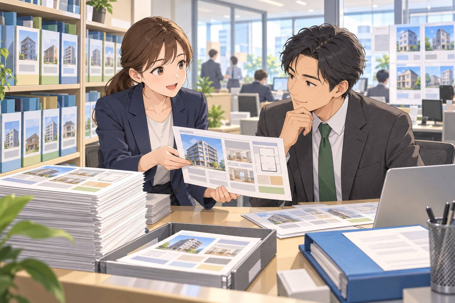 不動産会社の店で、若い社員が物件の資料の束から1枚を取り出し、同じ店の先輩に見せている場面