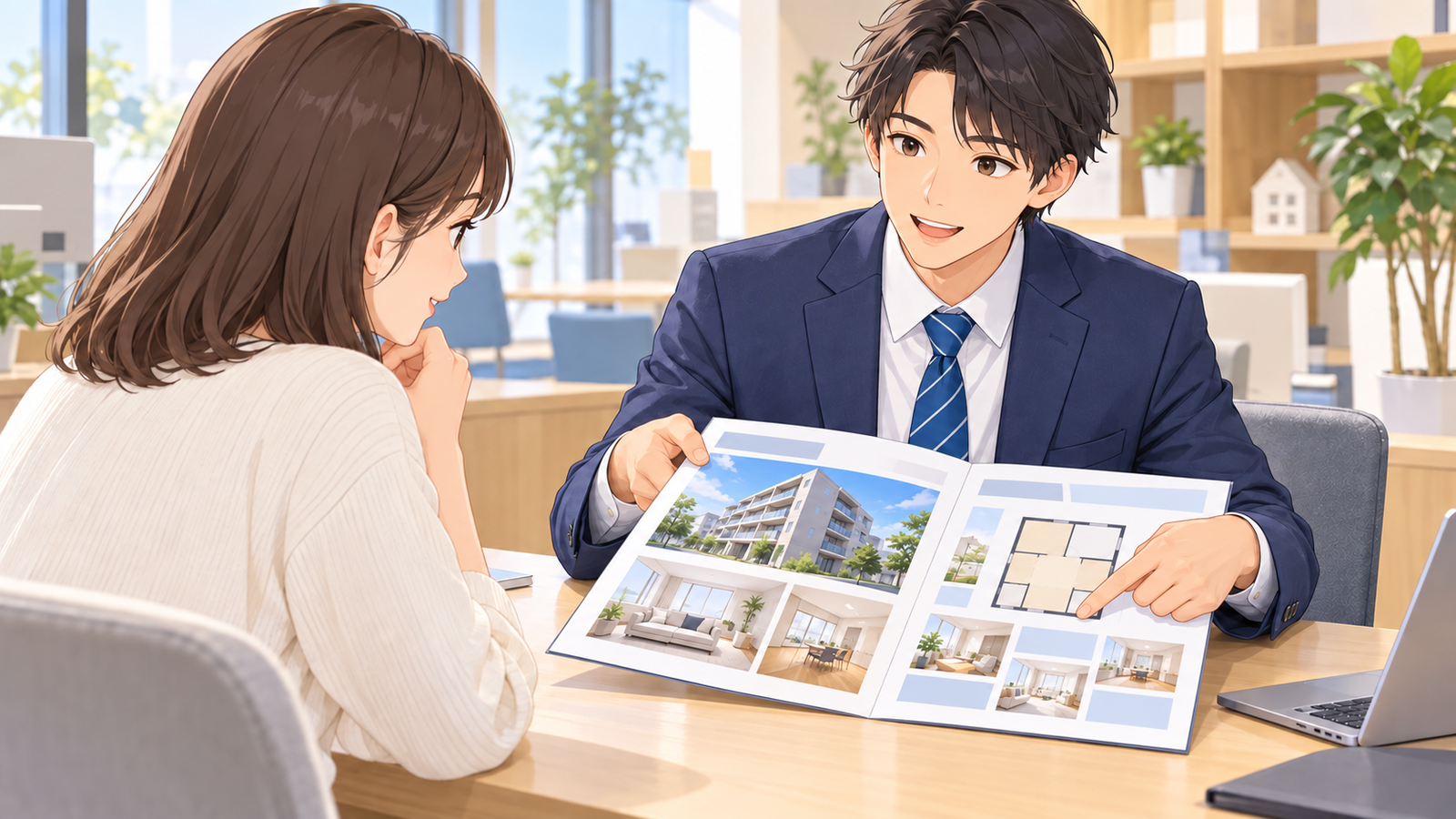 不動産会社の店のカウンターで、若い社員が客にマイソクを手渡し、物件の欄を指さして説明している場面