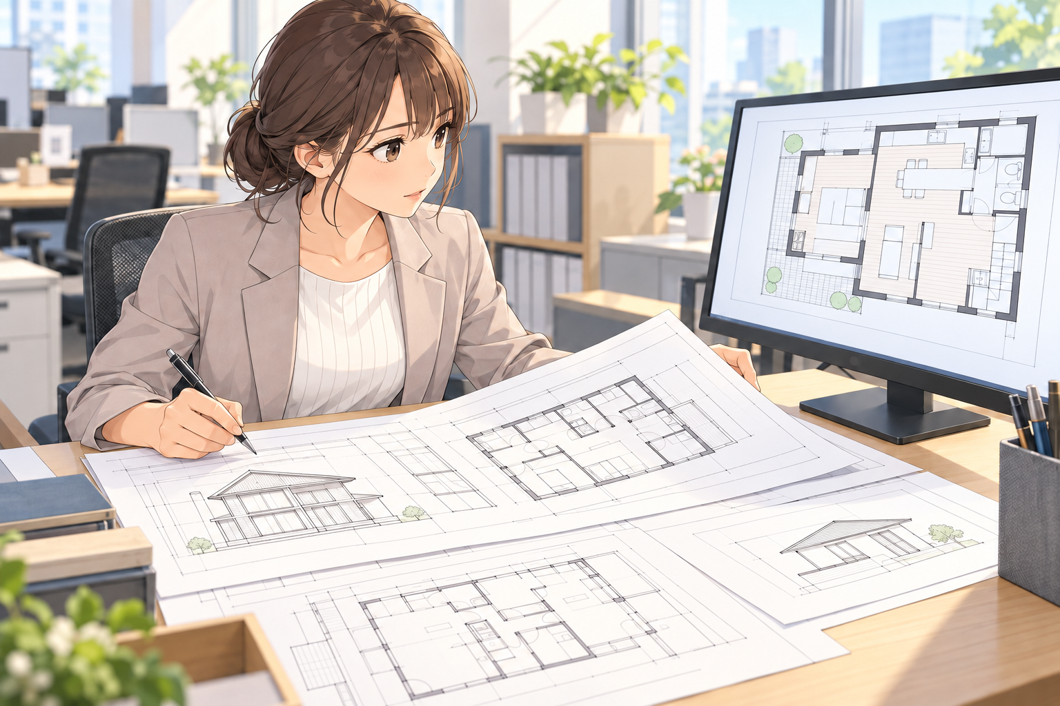 不動産会社の机で、若い社員が竣工図の束を広げ、パソコンの画面の間取り図と見比べている場面