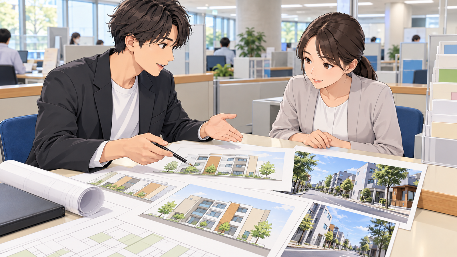 市役所の窓口で、若い設計者が職員に、色を塗った立面図と街並みの写真を見せて届け出ている場面