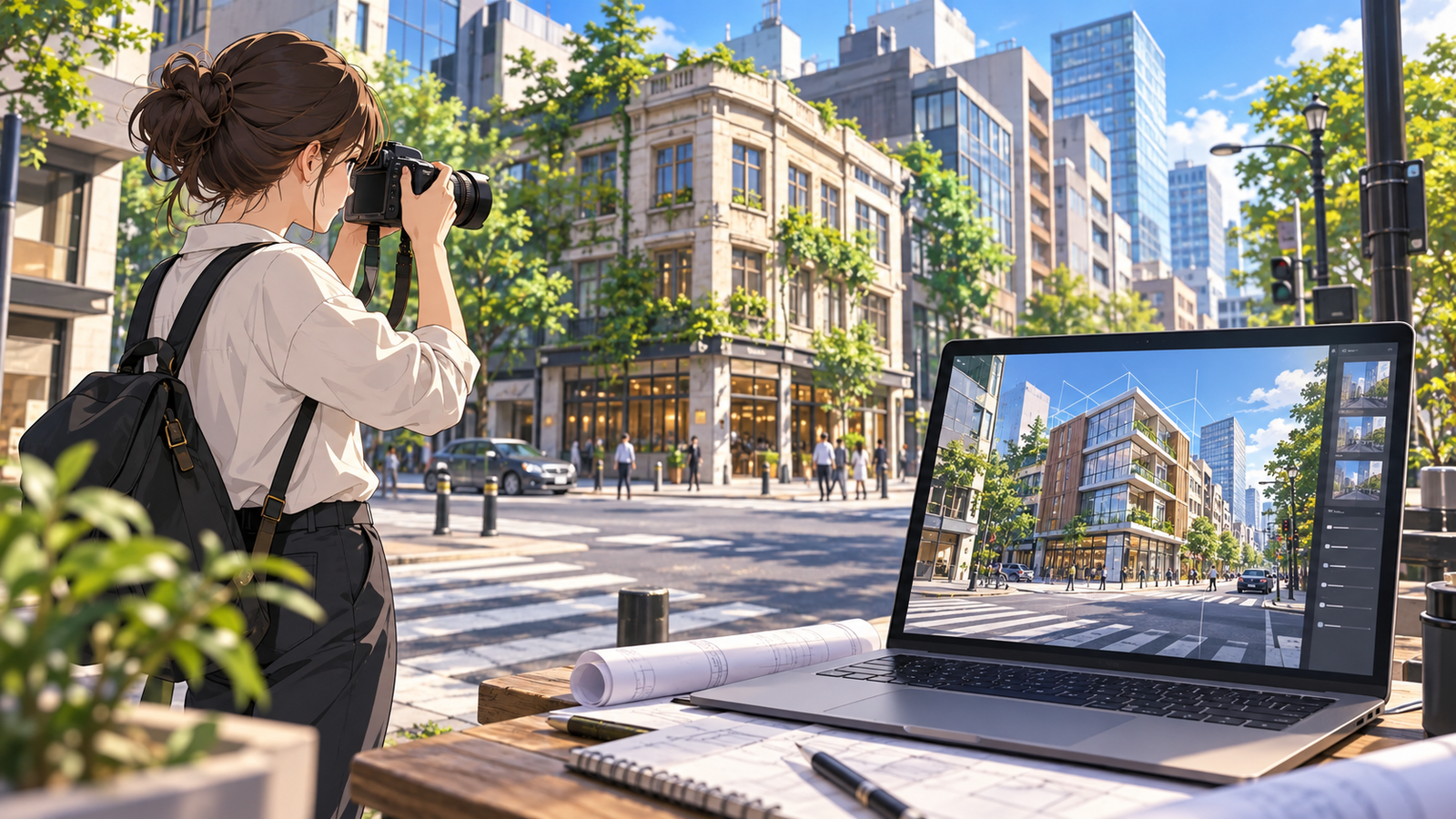 街角で若い設計者が街並みをカメラで撮り、ノートパソコンにその写真と建物の CG を合成した画像を映している場面
