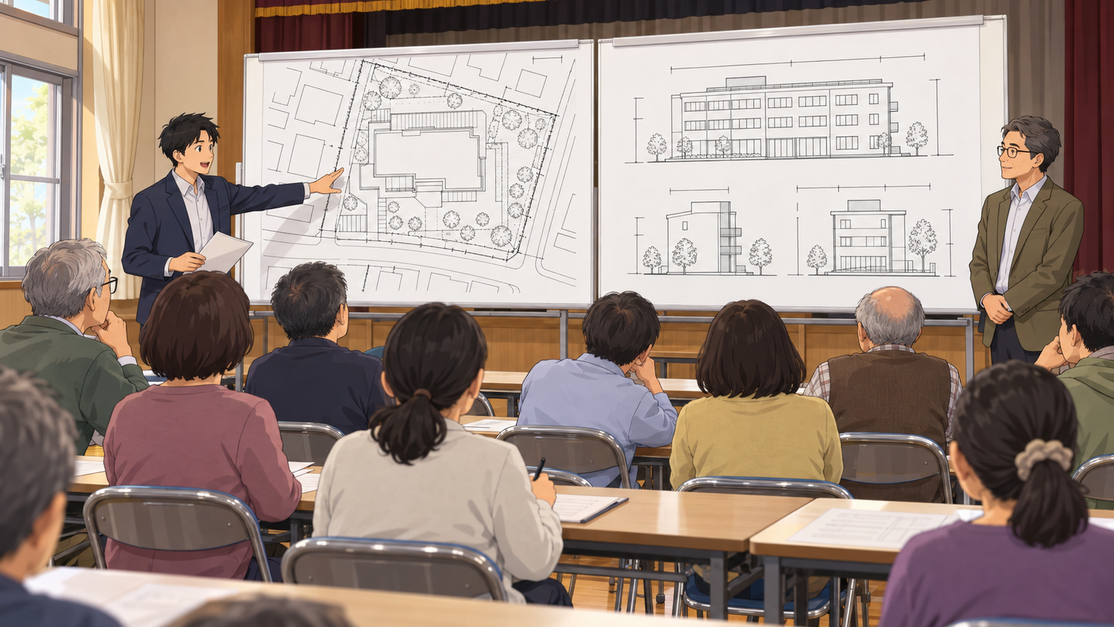 集会所で、設計者と建築主の担当が近隣の住民に、大きく印刷した配置図と立面図を見せて説明している場面