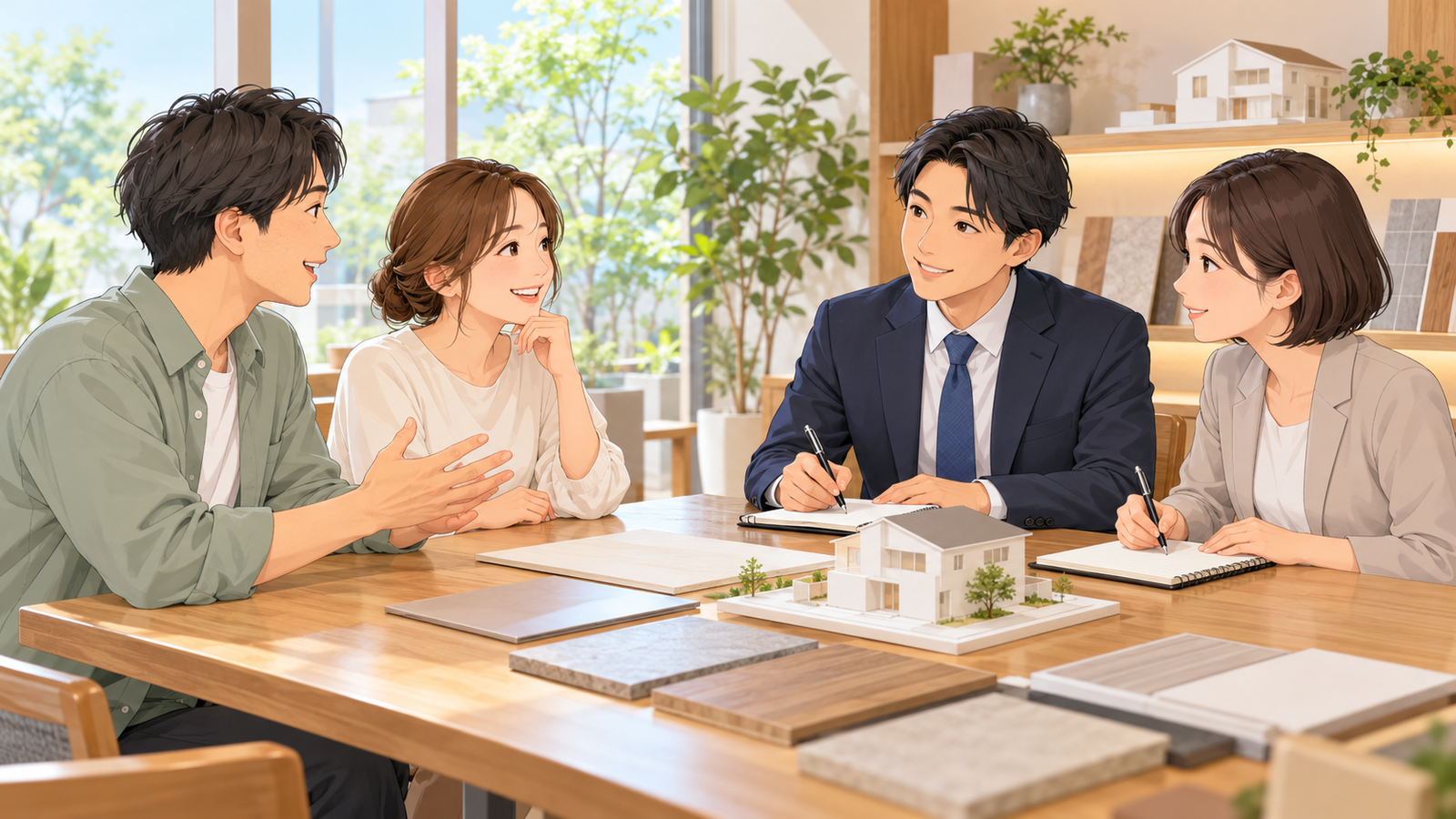 住宅会社の打合せの机で、営業の担当と設計の担当が、施主の夫婦の話を聞きながらメモを取っている場面