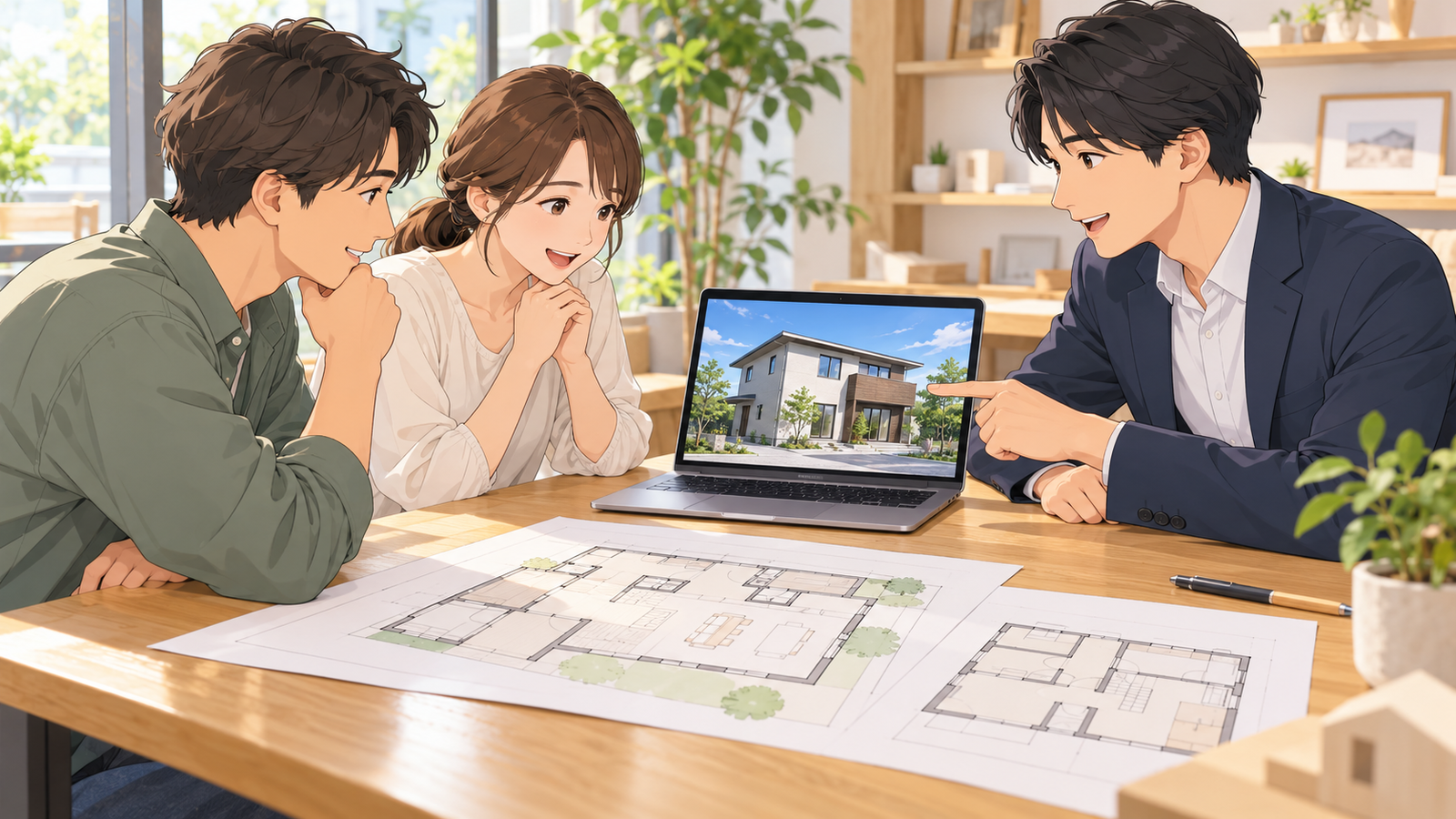 打合せの机で、設計の担当がノートパソコンに映した外観のパースと、印刷した平面図を施主に見せている場面
