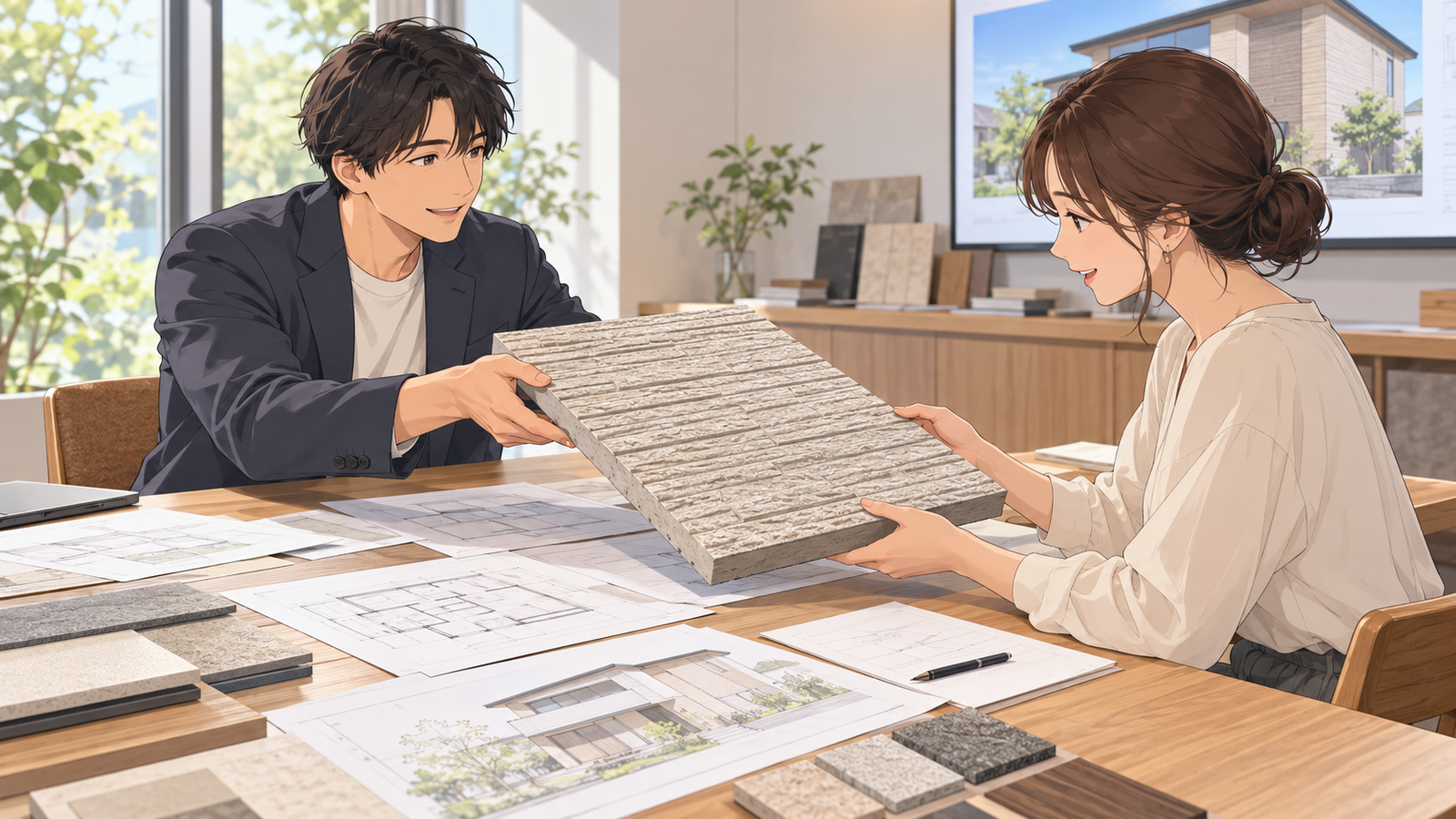 打合せの机で、設計の担当が施主に大きな外壁のサンプルを手渡し、机に図面と打合せの記録の紙を広げている場面