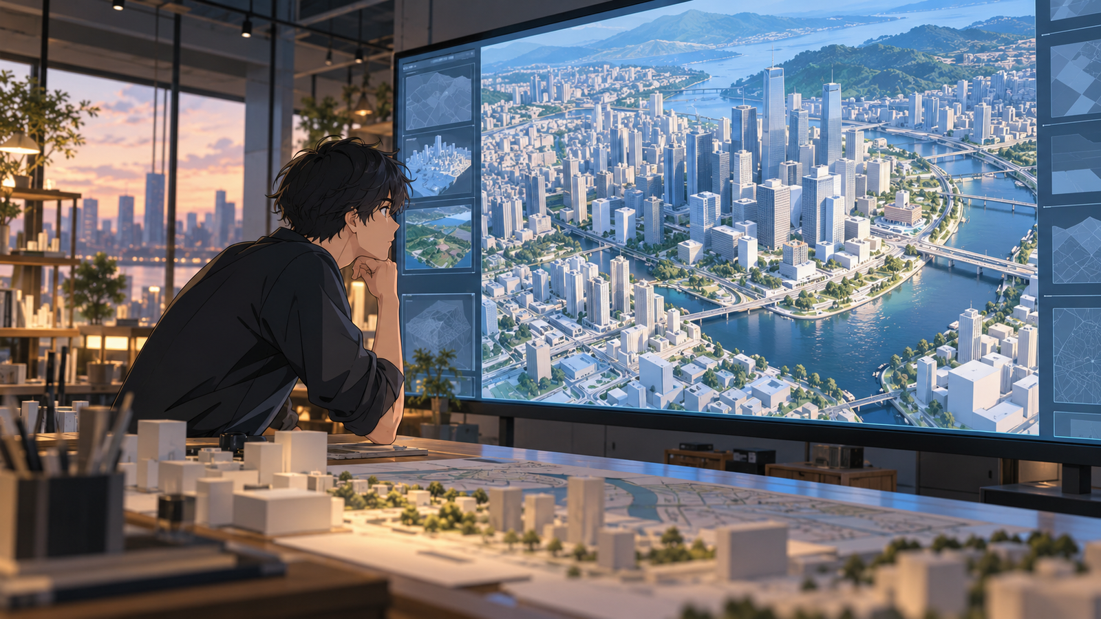 設計事務所の大きなモニターに、街全体の建物が立体で並ぶ3Dの地図が映り、若い設計者が見入っている場面