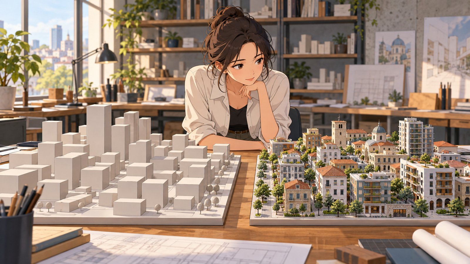 机の上に、箱だけの街の模型と、屋根や窓まで作り込んだ建物の模型が並び、若い設計者が見比べている場面