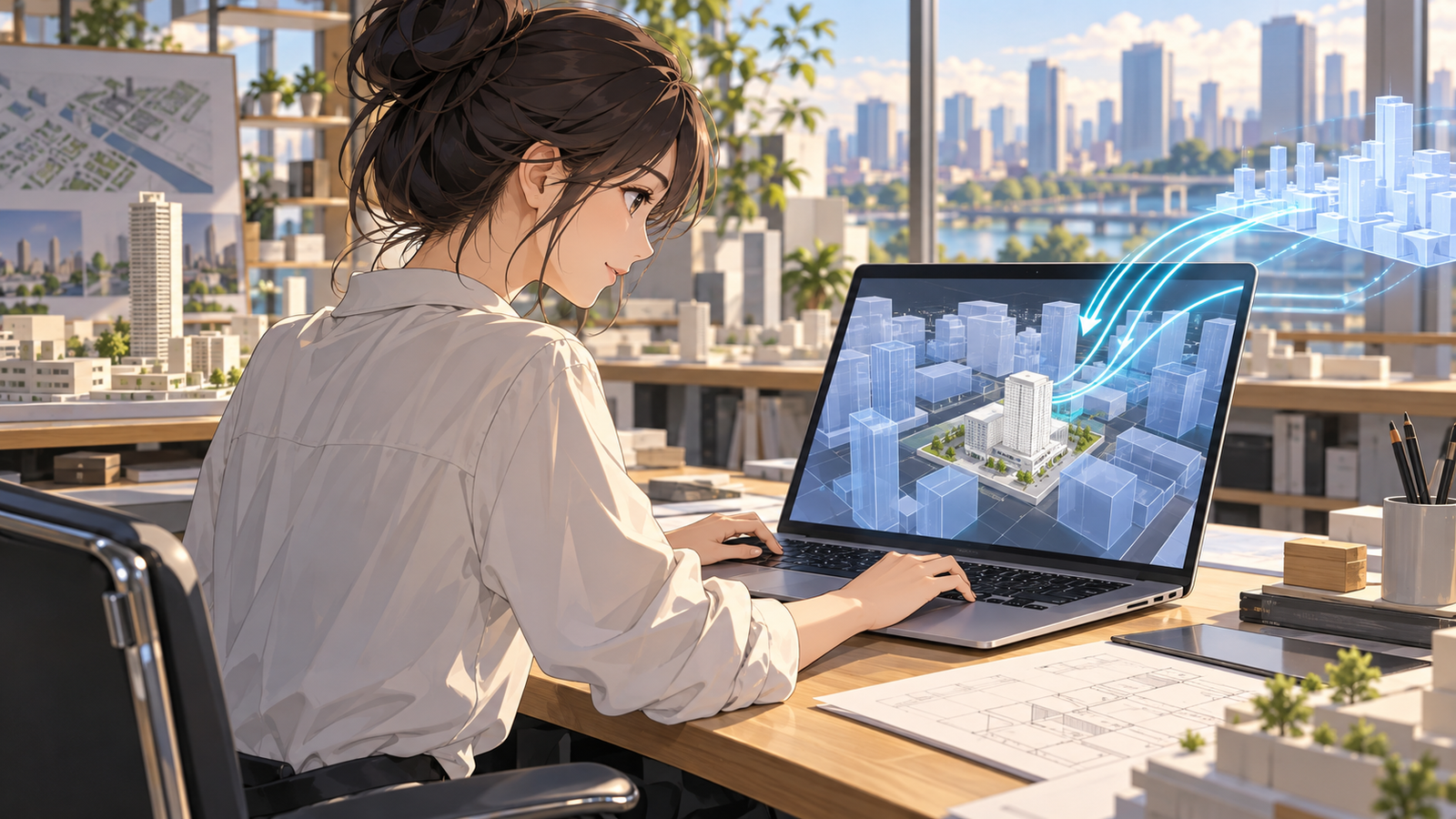 若い設計者がノートパソコンで街のデータを落とし、設計のソフトの画面に周りの建物を読み込んでいる場面