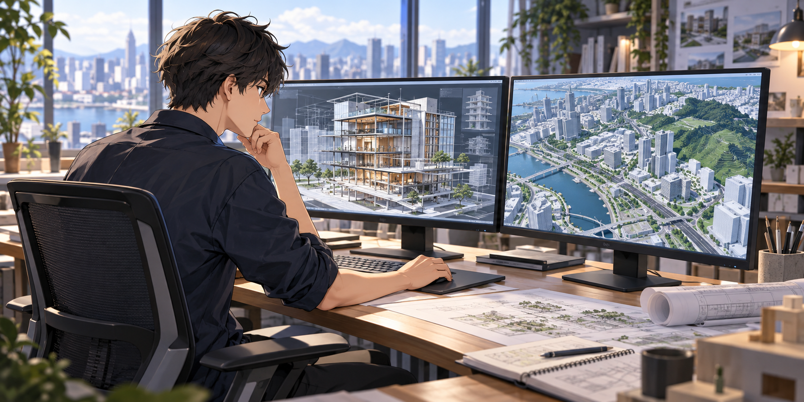 モニターに建物の BIM のモデルと街の3Dの地図が左右に映り、若い設計者が2つを見比べている場面