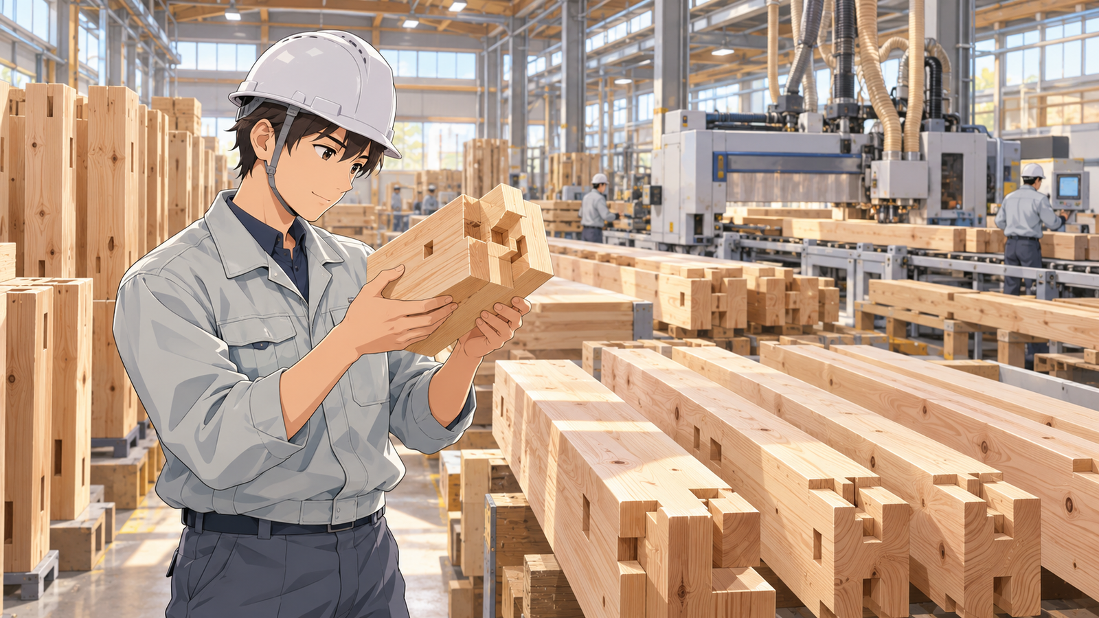木材の工場で、機械で加工された柱や梁の木材が並び、若い社員が継手の形を手に取って見ている場面