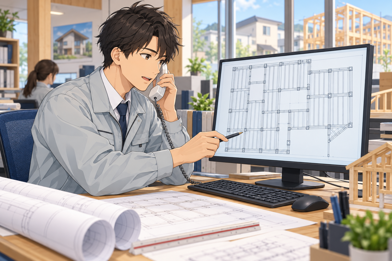 住宅会社の事務所で、若い社員がプレカットの会社の担当と、パソコンの画面の伏図を見ながら電話で打ち合わせている場面