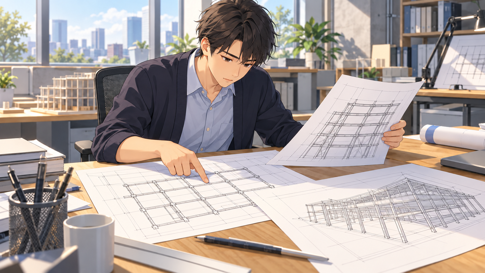 机に広げた伏図と軸組図を、若い社員が設計の図面と見比べている場面