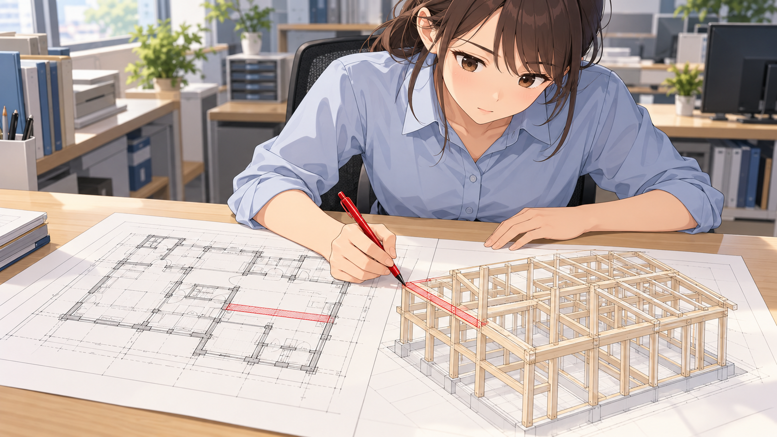 机で、若い社員が設計の図面とプレカット図を並べ、赤ペンで梁の位置に印を付けている場面
