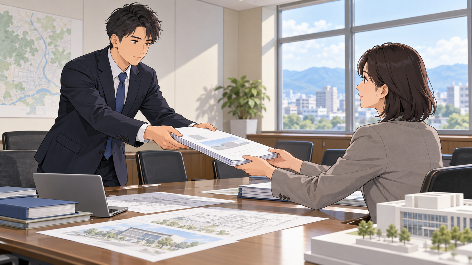 役所の会議室で、発注者の職員が設計者に、BIM の要件を書いた書類を手渡している場面