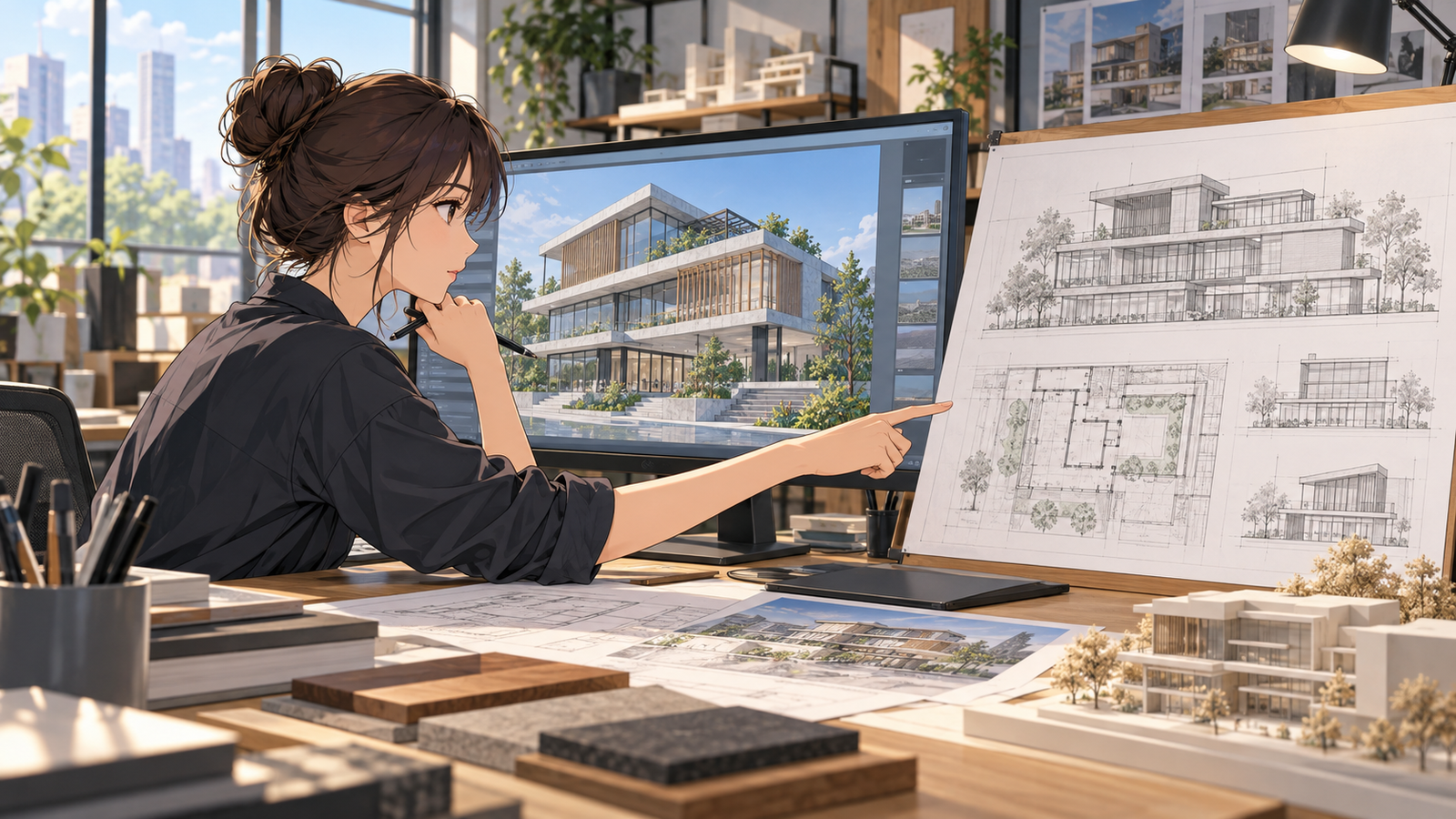 設計事務所で、設計者が BIM のモデルから建物の外観の画面と図面を出し、並べて確かめている場面