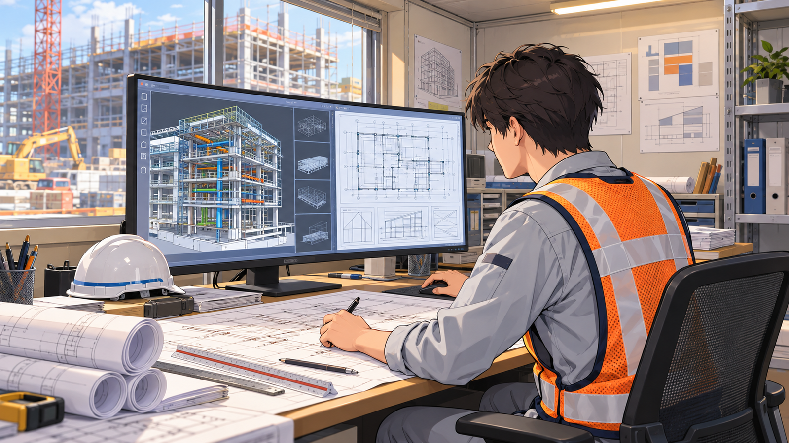 工事現場の事務所で、施工者の担当が BIM のモデルを見ながら施工図を作図している場面