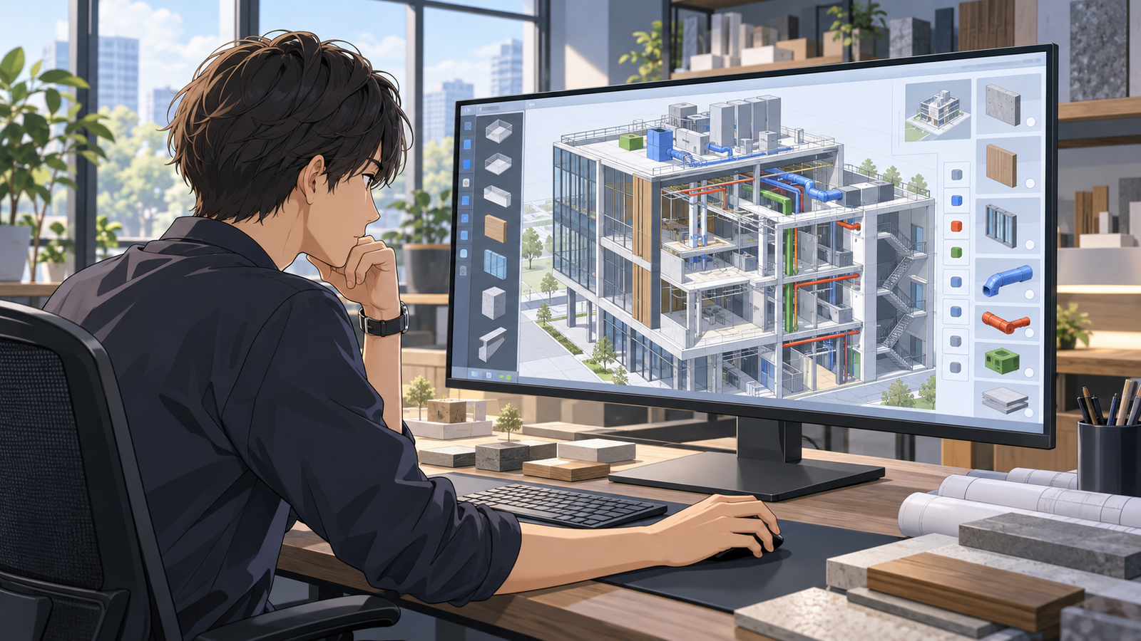 設計者がモニターで、BIM のデータを開き、部材の入力や設定を一つずつ確かめている場面