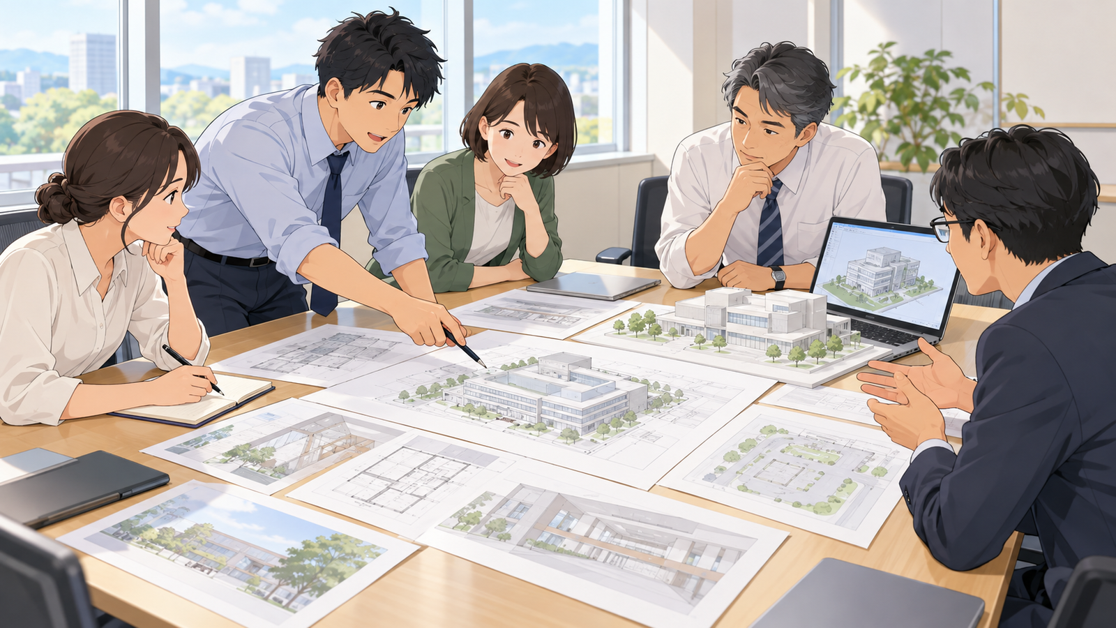 県庁の会議室で、営繕の担当の職員たちが BIM の要領の書類を囲んで話している場面