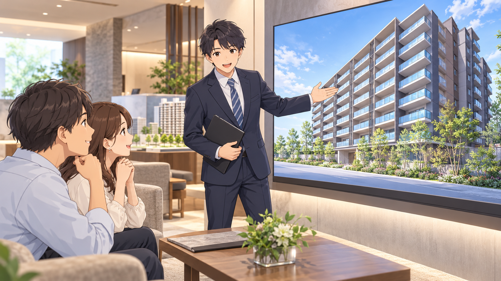 新築マンションの販売センターで、若い社員が建物の完成予想図のパネルの横に立ち、来た客に説明している場面