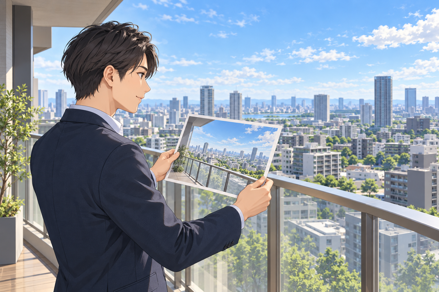 マンションの上の階のバルコニーで、若い社員が完成予想図の印刷を手に、実際の外の眺めと見比べている場面