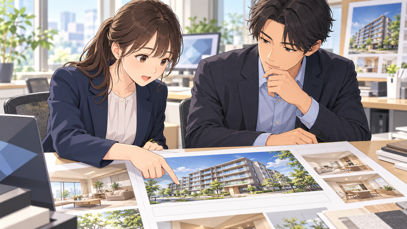 広告の原稿を前に、若い社員が完成予想図の下の小さな注記の欄を指さし、先輩と話している場面