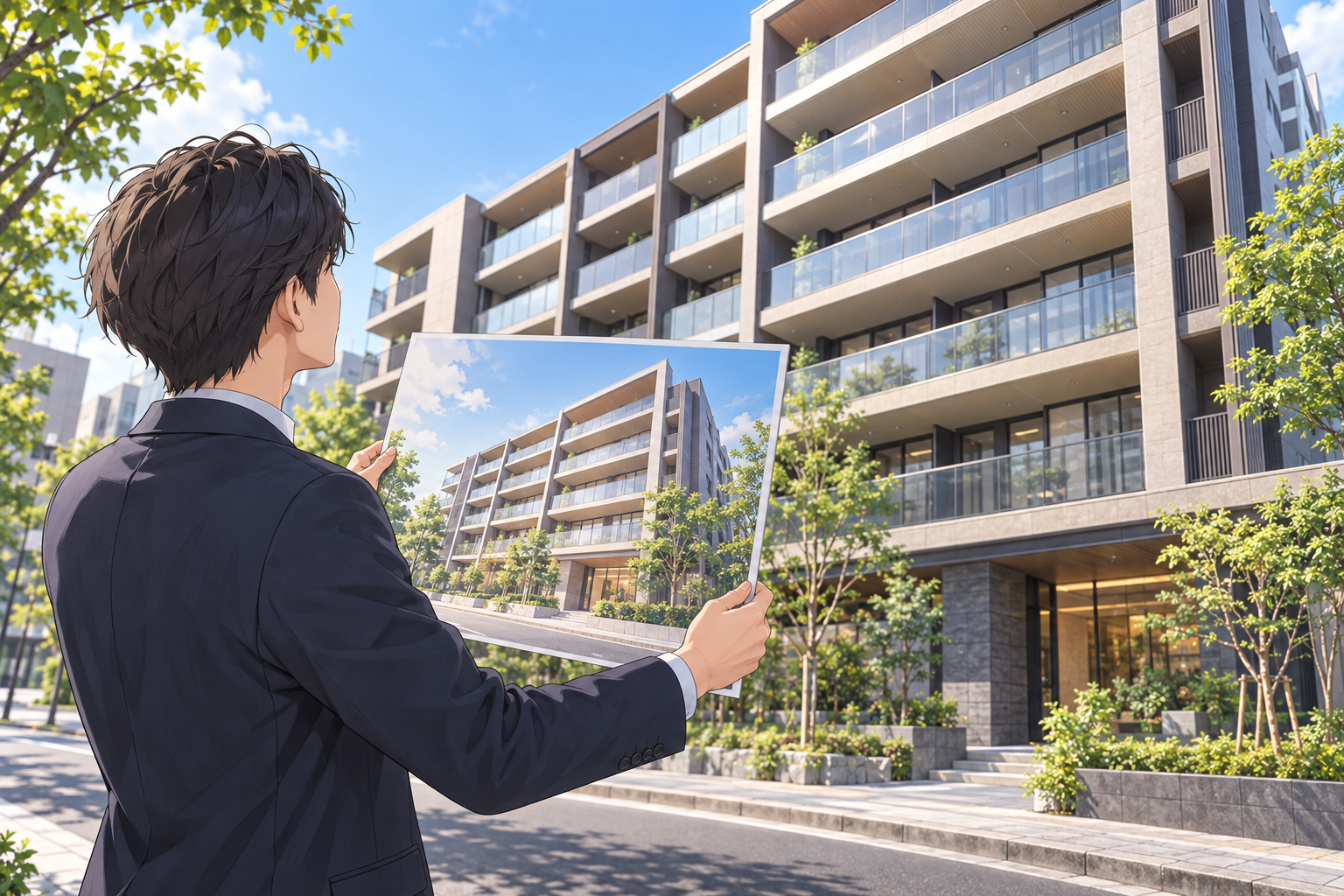 完成した新築マンションの前の歩道で、若い社員が完成予想図のパネルを掲げ、実際の建物と見比べている場面