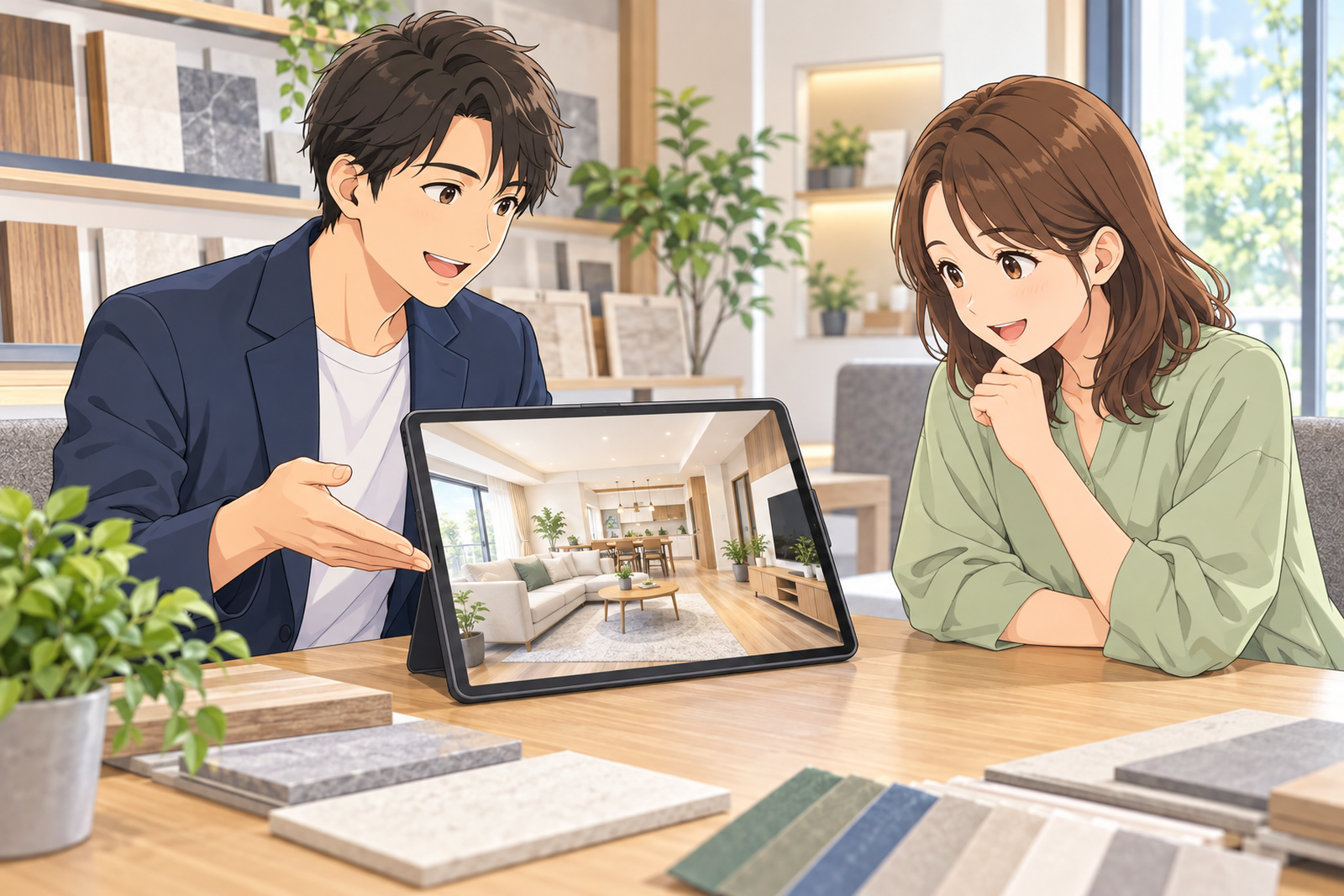 リフォーム会社の打合せの机で、社員が施主にタブレットのリフォーム後のパースを見せ、施主がうなずいている場面