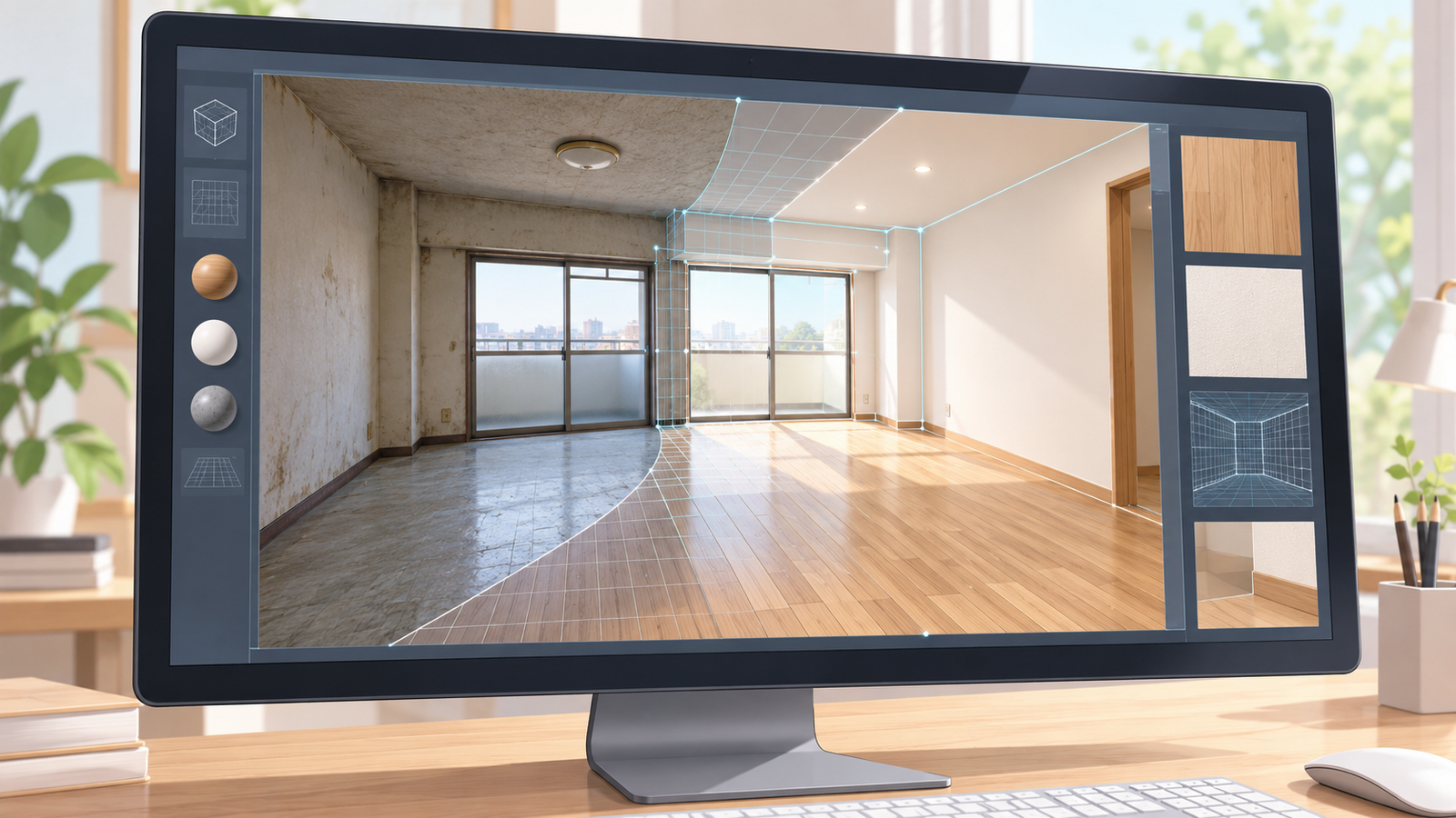 パソコンの画面で、今の部屋の写真の上に、新しい床と壁の3DCGが重ねられていく場面