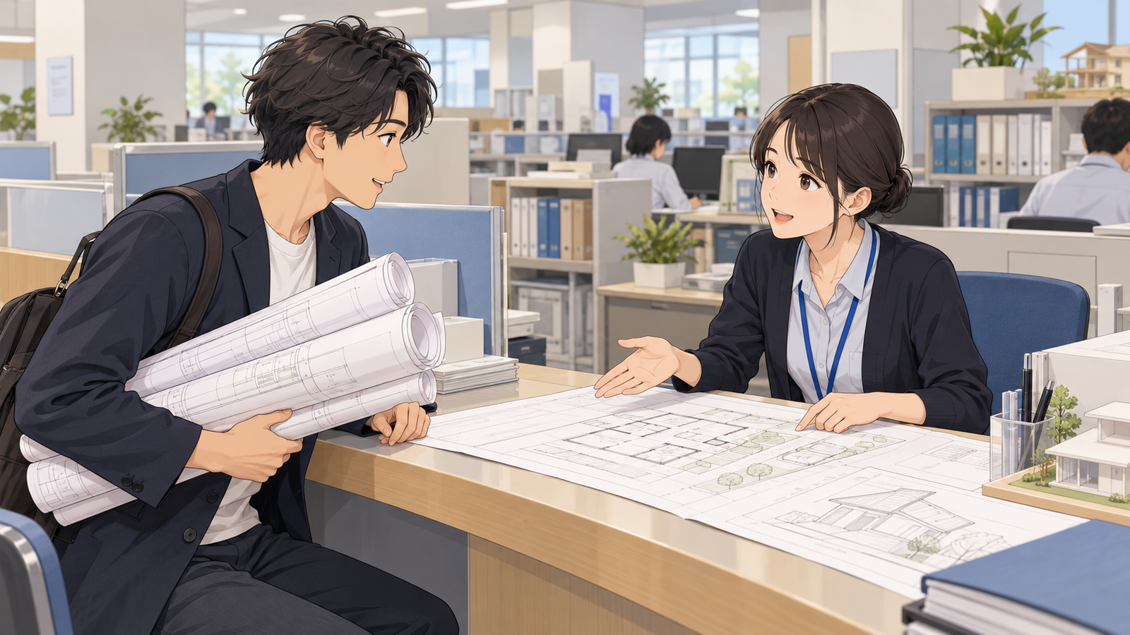 役所の建築の窓口で、若い設計者が図面の束を持ち、担当者の説明を聞いている場面