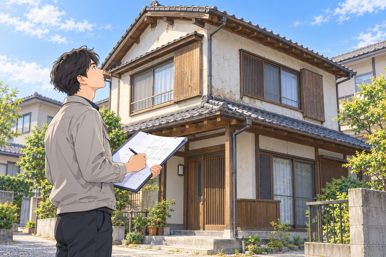 木造2階建ての家の前で、若い設計者が屋根と外壁を見上げながら、手もとの図面に印を付けている場面