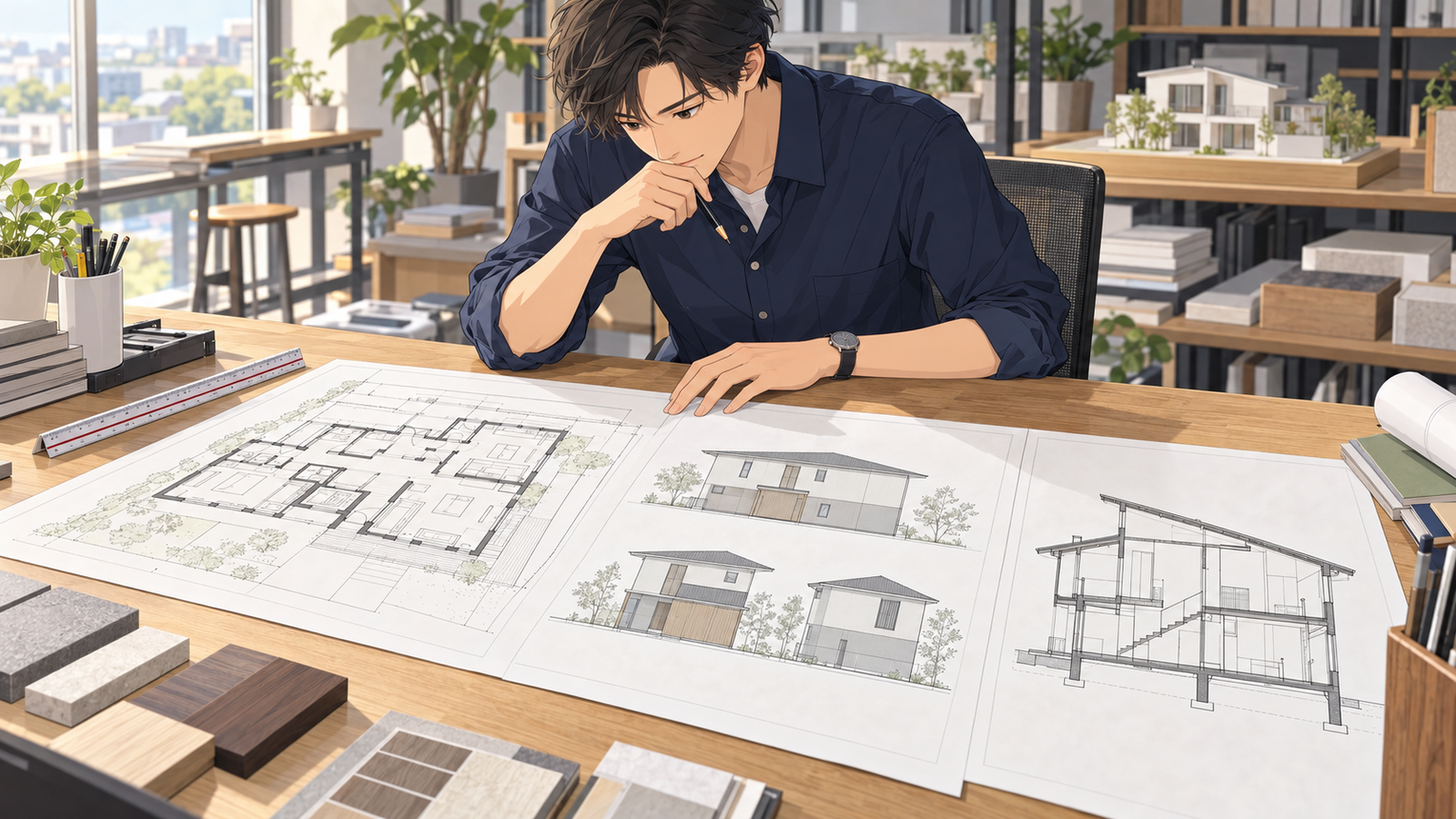設計事務所の机で、若い設計者が住宅全体の平面図・立面図・断面図を並べて確かめている場面