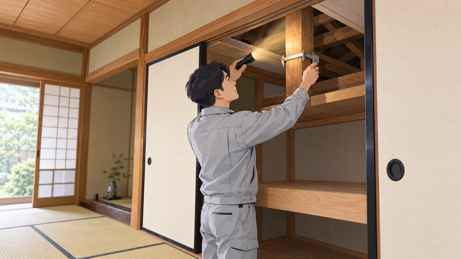 古い住宅の和室で、建築士が押入れの天井の点検口を懐中電灯で照らし、柱の太さを測っている場面