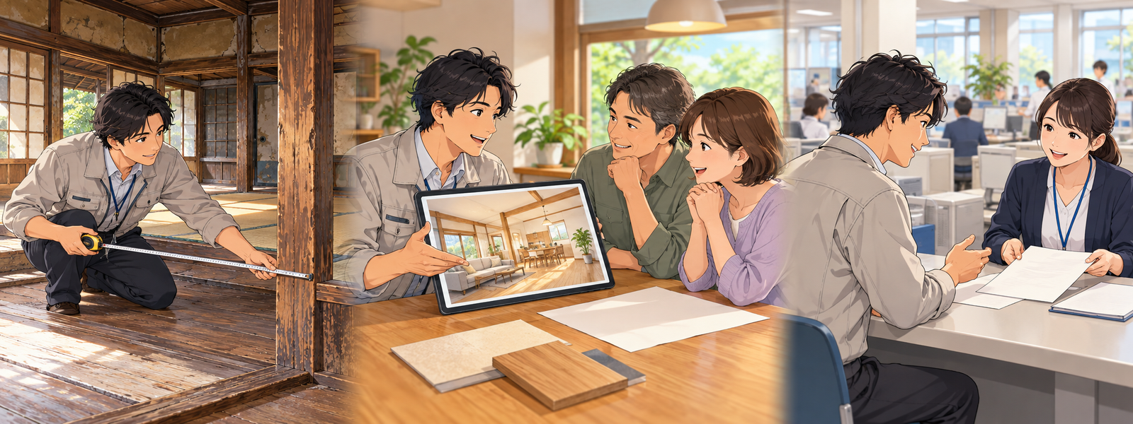 古い木造の家の居間で、リフォーム会社の社員が測る、打合せで見せる、役所の窓口で相談する、の3つの場面が並んだ図解